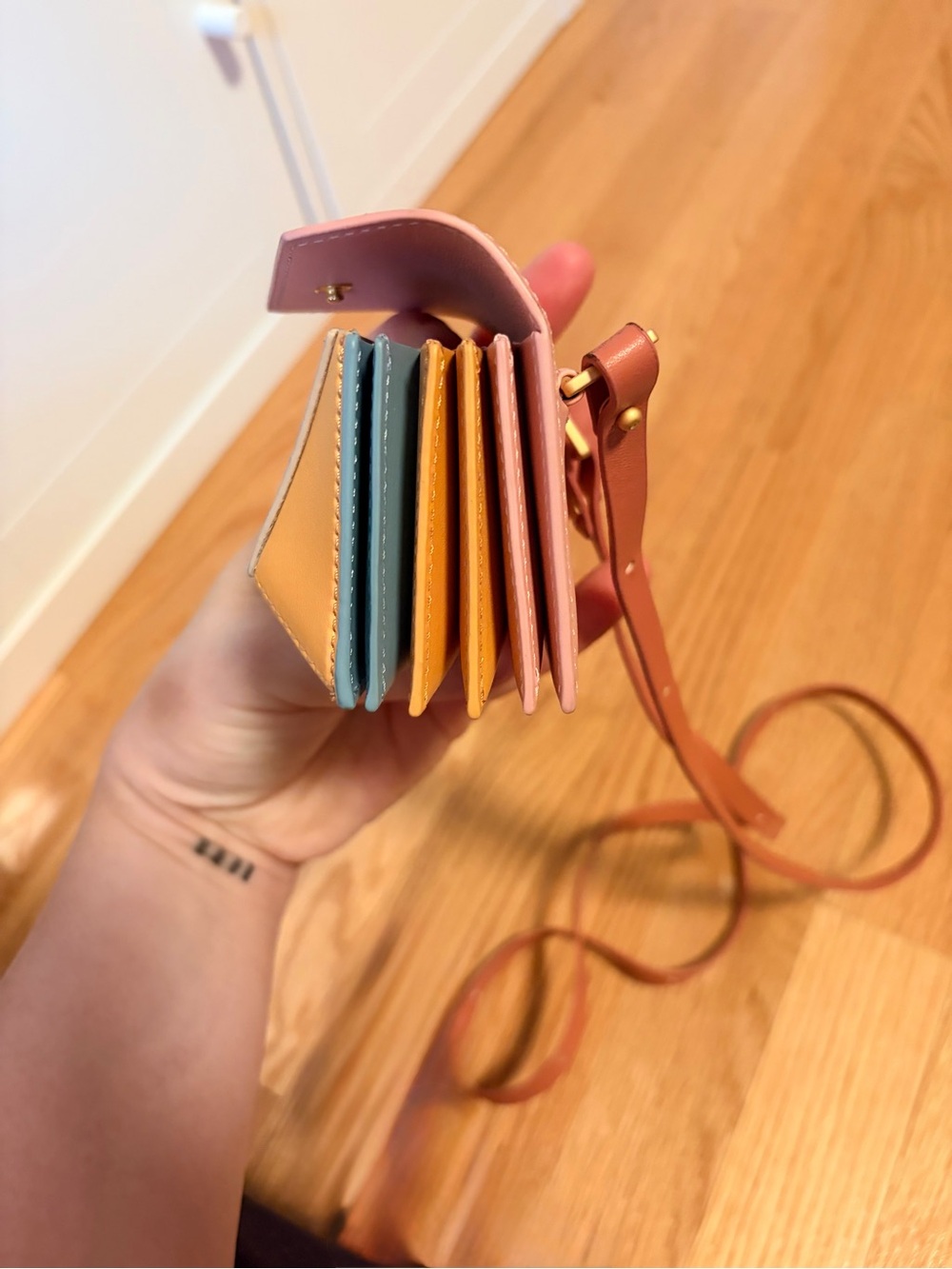 Mlouye Naomi Mini Wallet Crossbody Gummy Pink Blue Leather Bag EUC - Picture 4 of 12